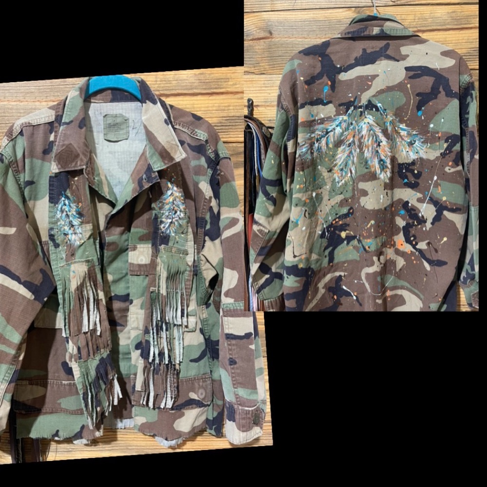 Camouflage Fringe Jacket with Feather Design